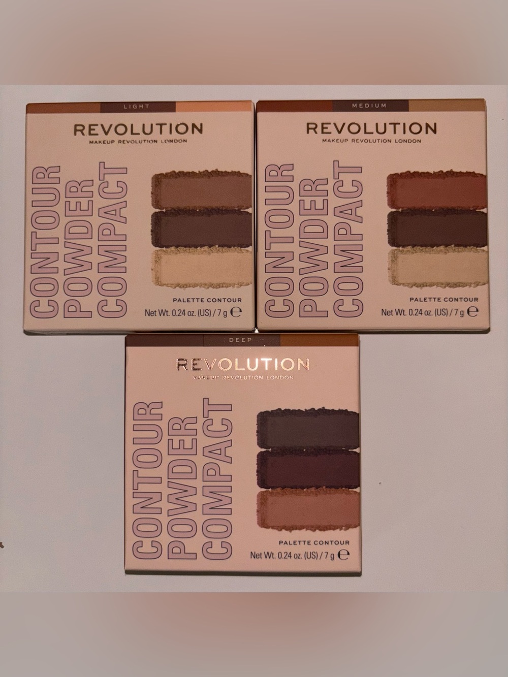 Bundle of 3 Makeup Revolution London Contour Powder Compacts (Light/Med/Deep)